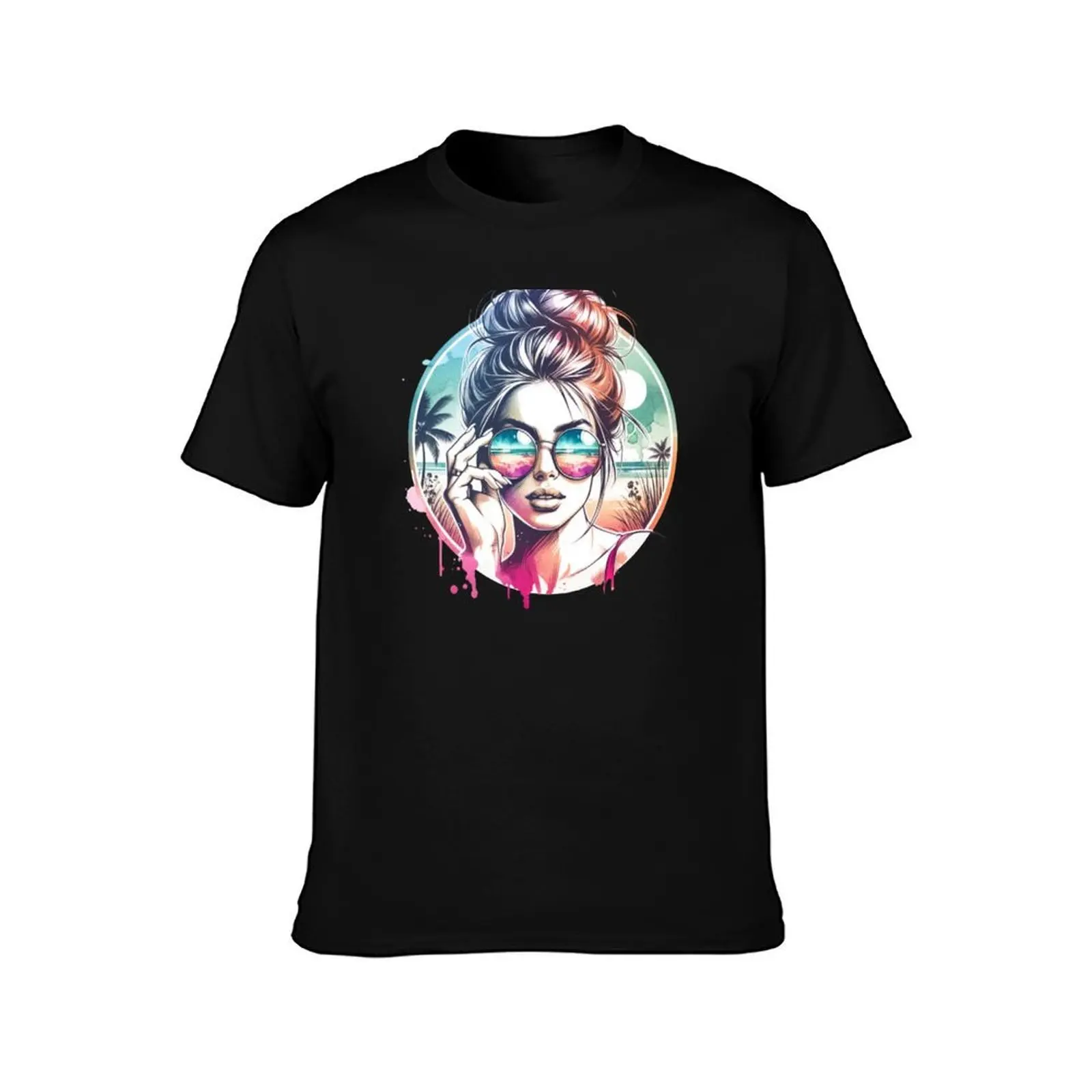 Messy Bun Babe on Beach - Reflection T-Shirt Summer Casual Cotton Tee Oversized Streetwear Tops Vintage Graphic Print