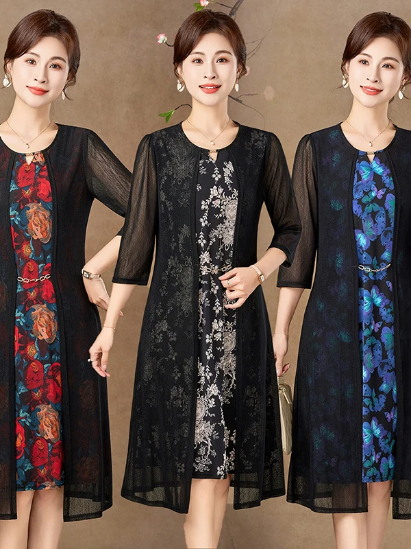Women Fashion Over 60 - Elegante mesh-jurk met middellange mouwen voor