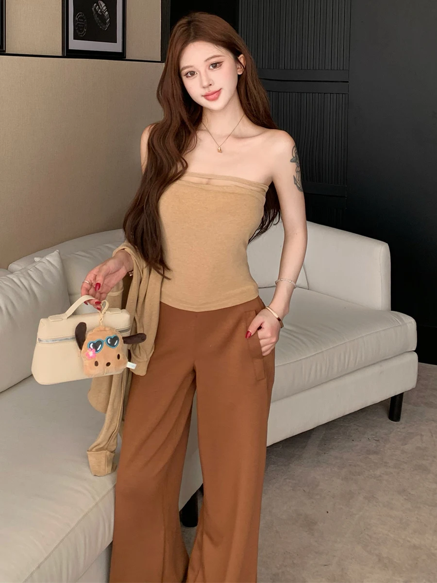 Spicy Girl Style Commute Casual Hooded Open Cardigan Jacket Top Vest Loose Wide Leg Straight Tube Long Pants Three Piece Set
