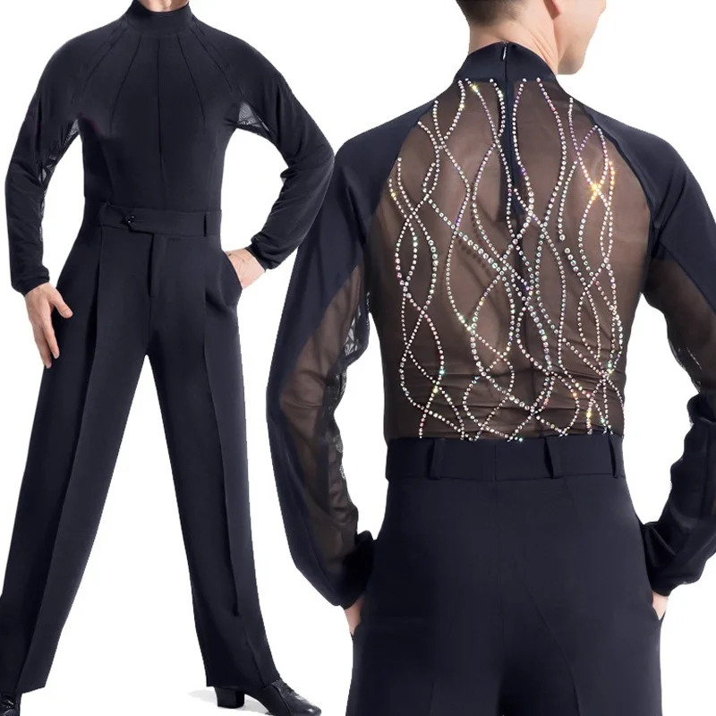 Vêtements de concours de danse latine pour hommes, haut de danse noir Standard pour salle de bal, col haut, manches longues, vêtements de danse de Performance VDL4359