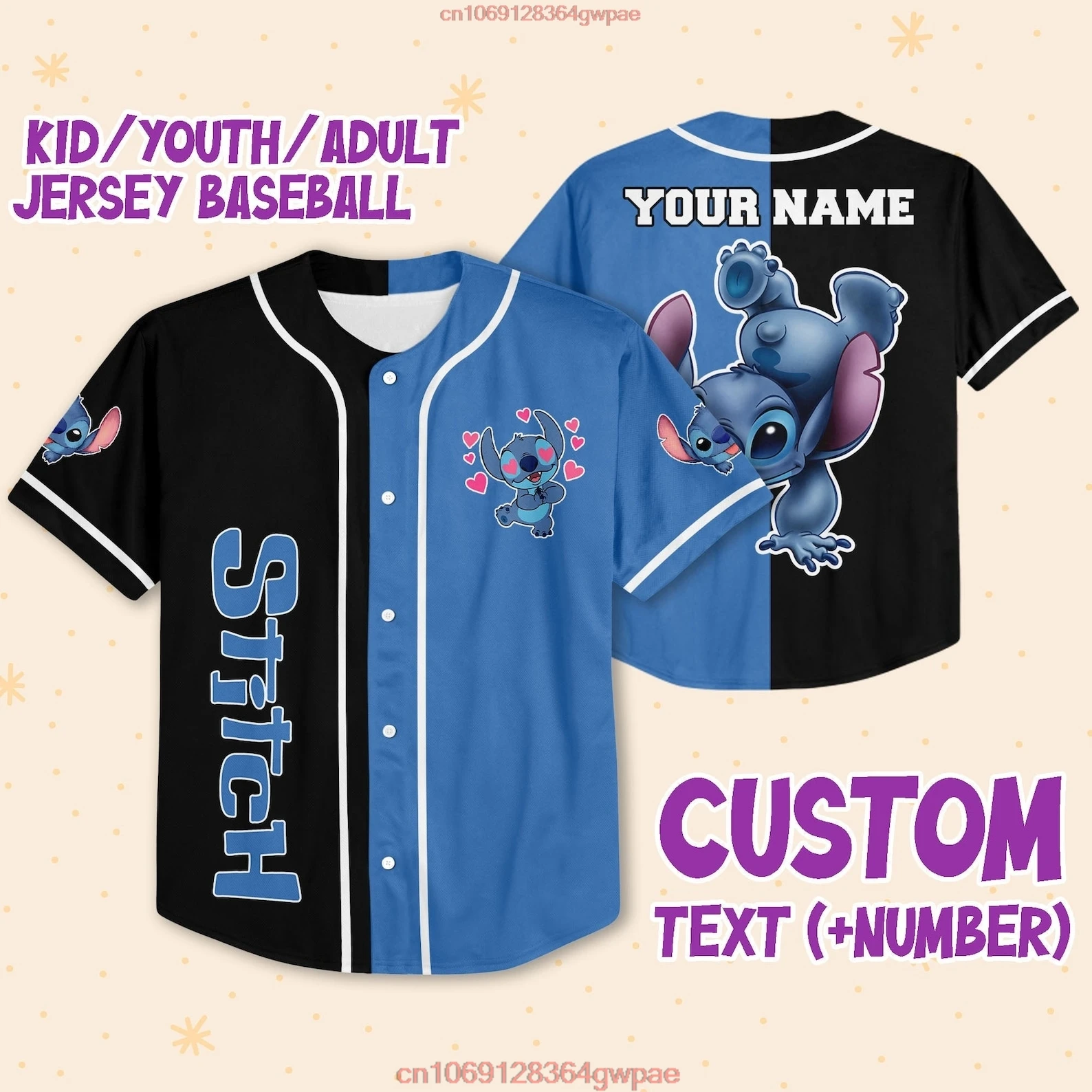 Stitch Baseball Jersey Custom Name Kids Adult Baseball Jersey Sports Outfits Disney Baseball Jersey Casual Short-sleeved Shirt