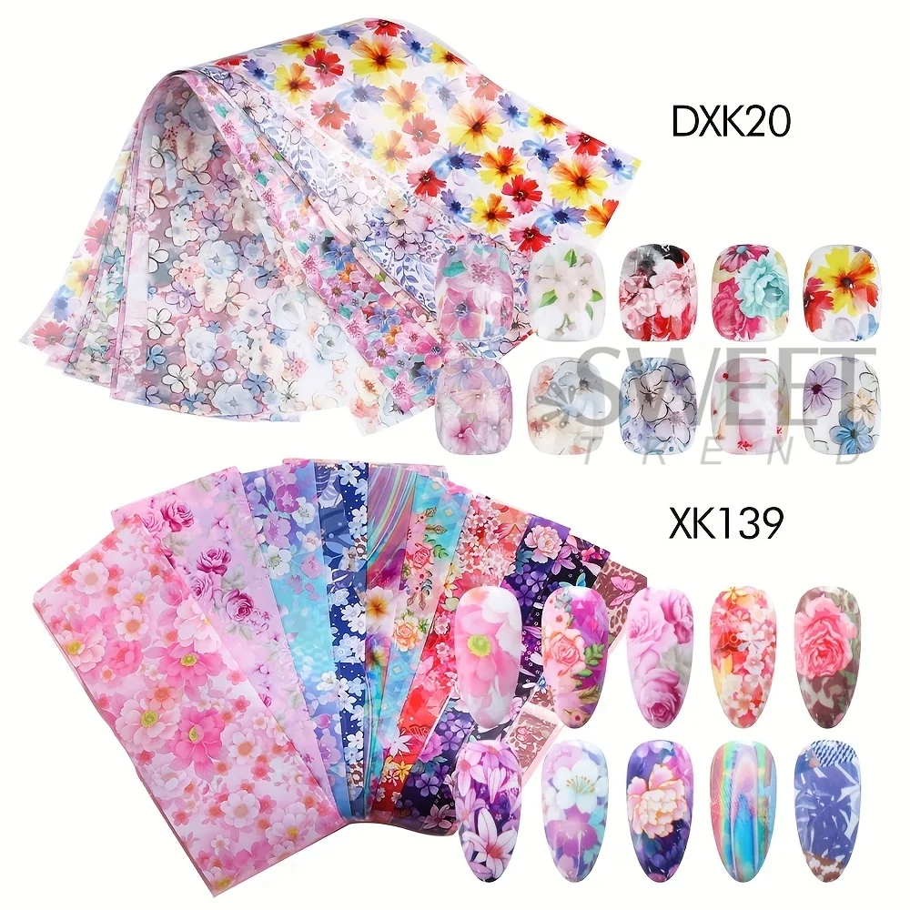 20pcs Floral Nail Art Transfer Foil Paper Summer Blossom Flowers Glossy Decals DIY Manicure Japanese Style Nail Designs Sliders