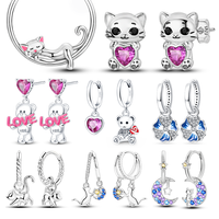 Cute 925 Sterling Silver Pink Ears Small Lazy Big Circle Cat Earrings Women's Pet Party Creative Jewelry Accessories