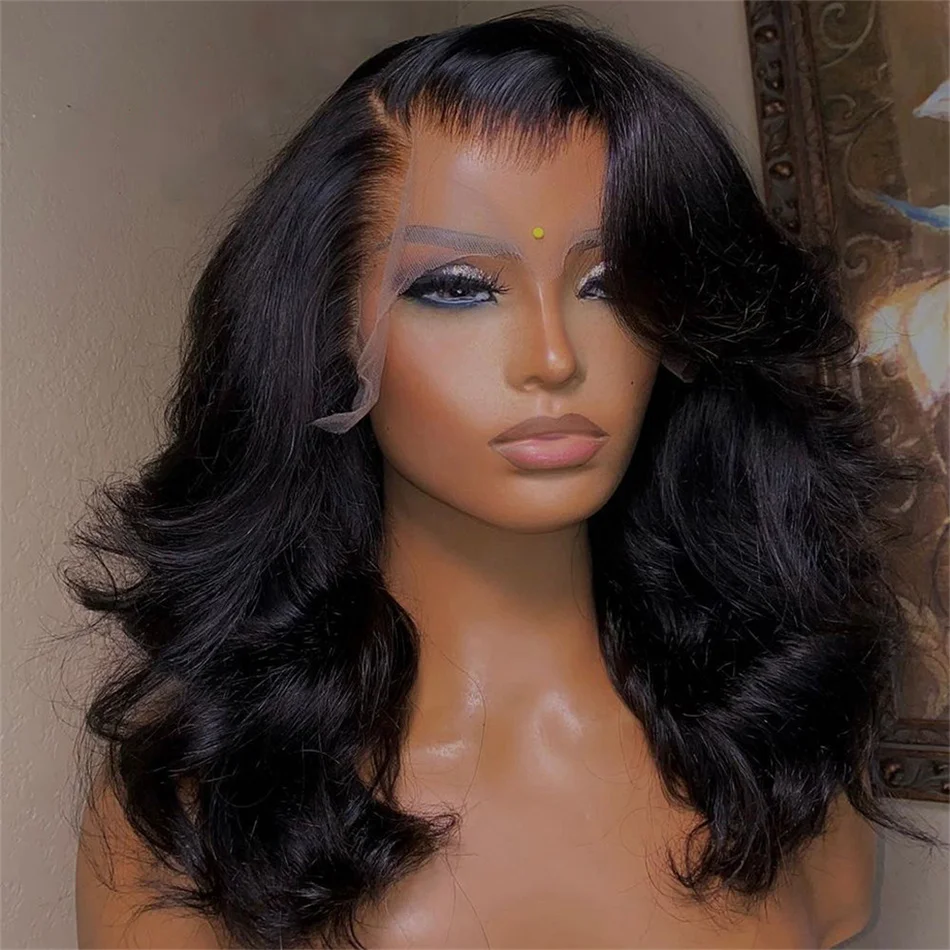 Body Wave Natural Black Bob Peruvian Human Hair Side Part Lace Front Middle Part Wig Pre Plucked Wig For Black Women 180 Density