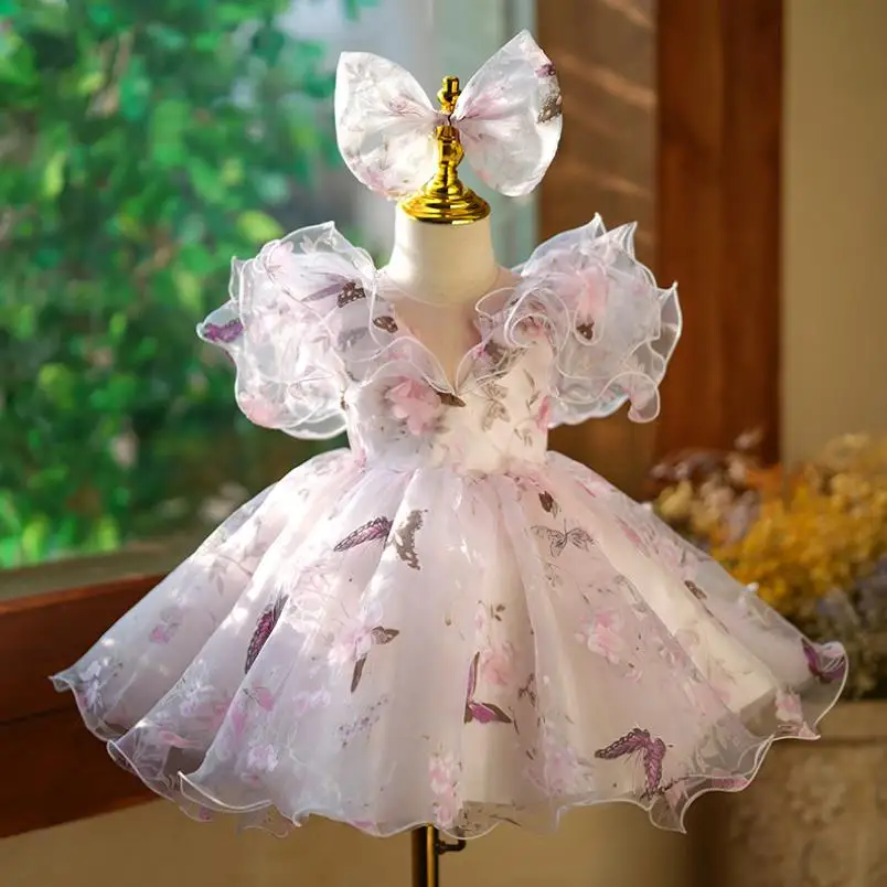 Abito da sera da principessa per bambini alla moda stampato con volant Design matrimonio compleanno battesimo pasqua Eid Party Girls abiti A2598