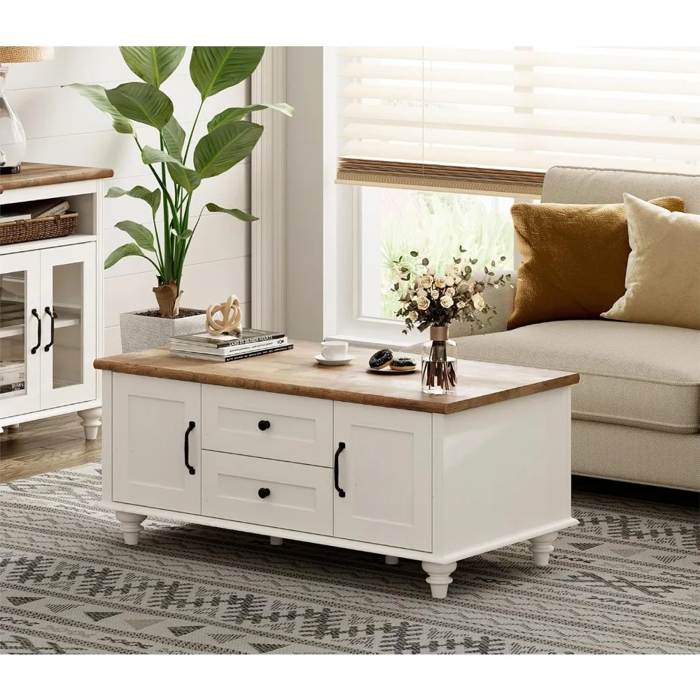 Modern Rustic Style White Coffee Table with Storage Drawers and Cabinet, Rectangular Living Room Centerpiece