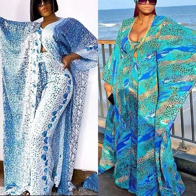 Ensemble 2 pieces de robes africaines pour femmes en mousseline de soie imprime musulman kimono pantalon long dubai kaftan robe vetements Eid AliExpress