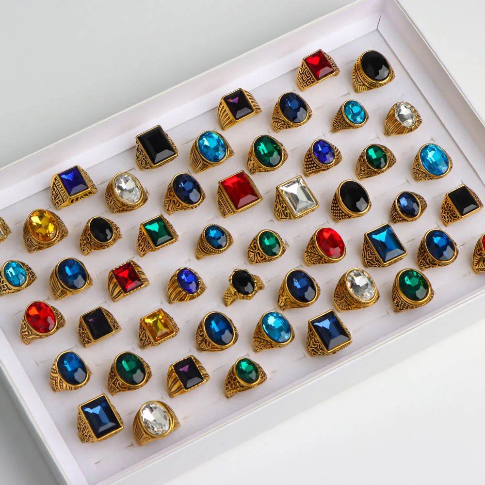 10/20/30/50 قطعة/الوحدة موضة الشرير ريترو حلية الزجاج حجر لامعة خواتم للنساء الرجال الهندسة منحوتة مزيج نمط مجوهرات هدايا الحفلات #4