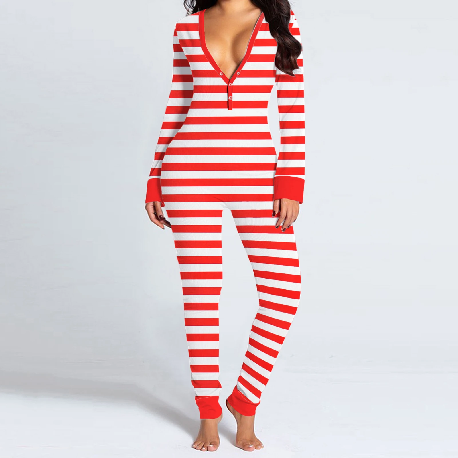 

Женский комбинезон с длинными рукавами, пижама с V-образным вырезом, боди с рождественским принтом, одежда для сна с заниженным сиденьем и клапаном