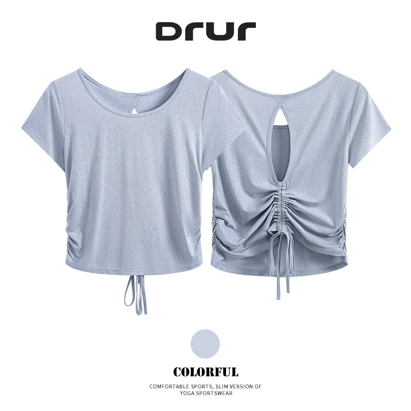DRUR Women's Hollow-Out Back Yoga Top Drawstring Pleats Short Sleeve Fitness T-Shirt	Y2K Sportswear Woman Gym Running Pilates