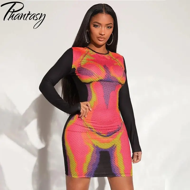 Phantasy Sexy Fashion Dress for Women Tie-Dye Printing Slim Dress Female Summer O-Neck Long Sleeve Mini Party Dress Clothes