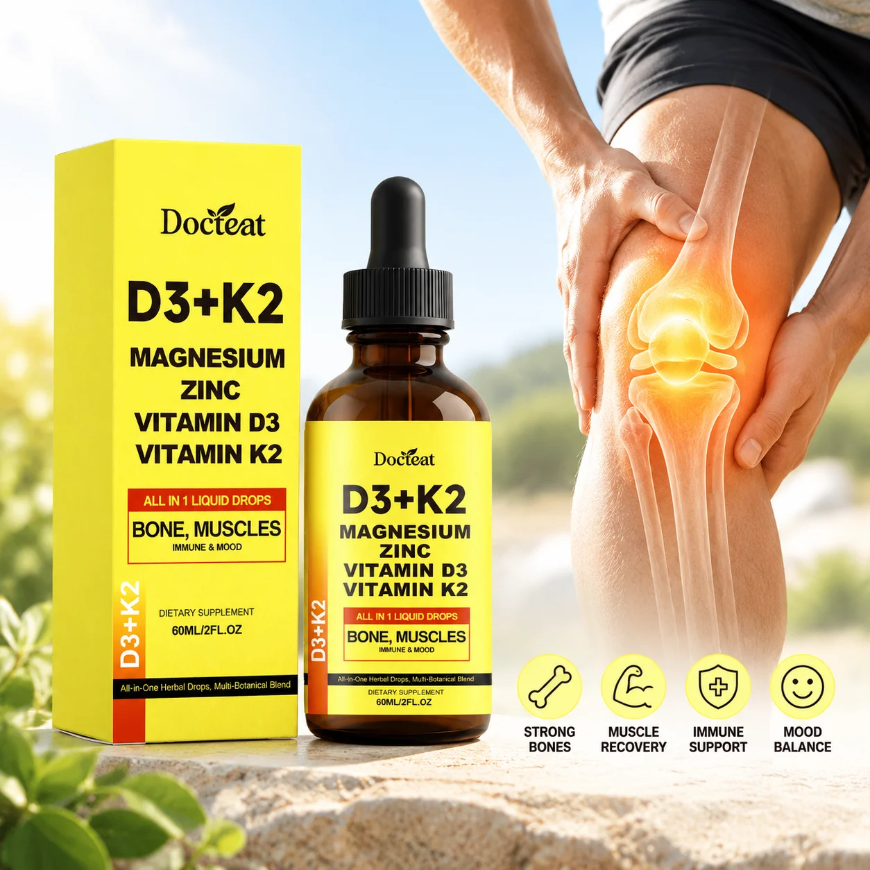 D3+K2 Drops Bone Health Muscle Recovery Boost Immunity Mood Balance with Vitamin D3 60 ML All in 1 Supplement for Muscle Cramps