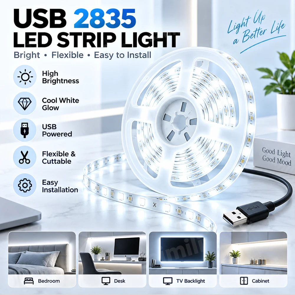USB 2835 LED Light Strip High Brightness Cuttable Flexible Easy Install For TV Backlight Living Room Kitchen Shelf Home Lighting