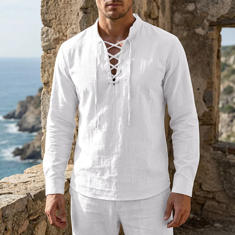2026 Herren Vintage Mittelalterliches Leinenhemd mit Schnürung, Langarm, Henley-Ausschnitt, Locker Geschnitten, Piraten-Cosplay, Strand, Freizeit, Urlaub, Alltagshemd – Detail 21