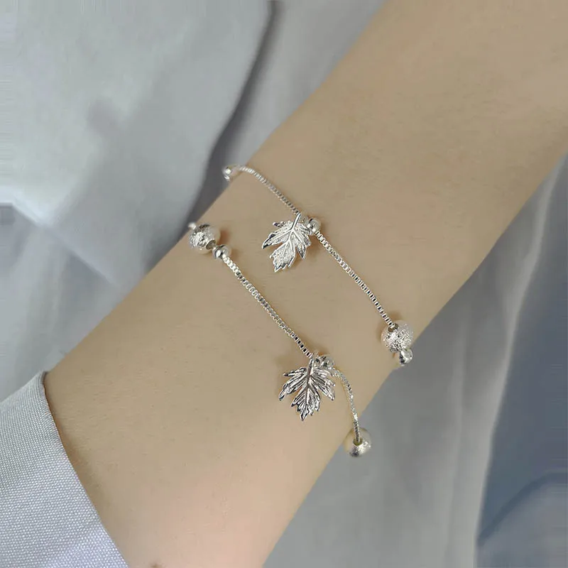 Double Layers Box Chain Leaf and Spinning Beads Bracelet Fashionable Women's Silver Plated Jewelry Gift for Girls Ladies 15-18cm