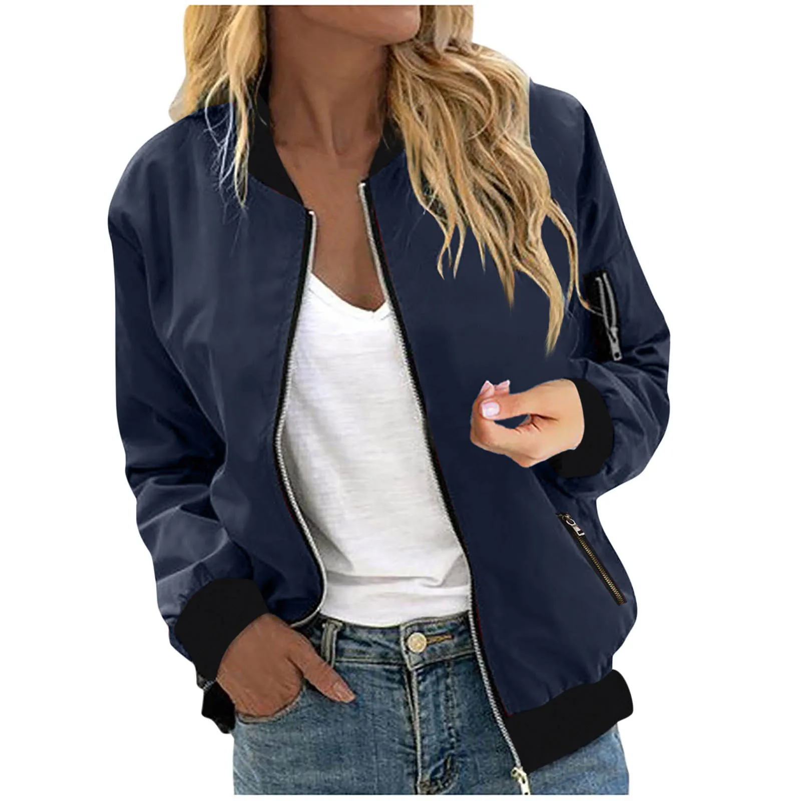 Female Trendy Bomber Jacket Spring Autumn Classic Fashion Sport Jacket Simple Solid Thin Lightweight Zipper Slim Short Jacket