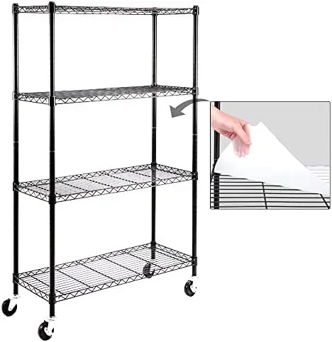 

4- Shelving Units and on 3'' Wheels with 4- Liners, Adjustable Heavy Duty Steel Wire Shelving Unit for Garage, Kitchen,