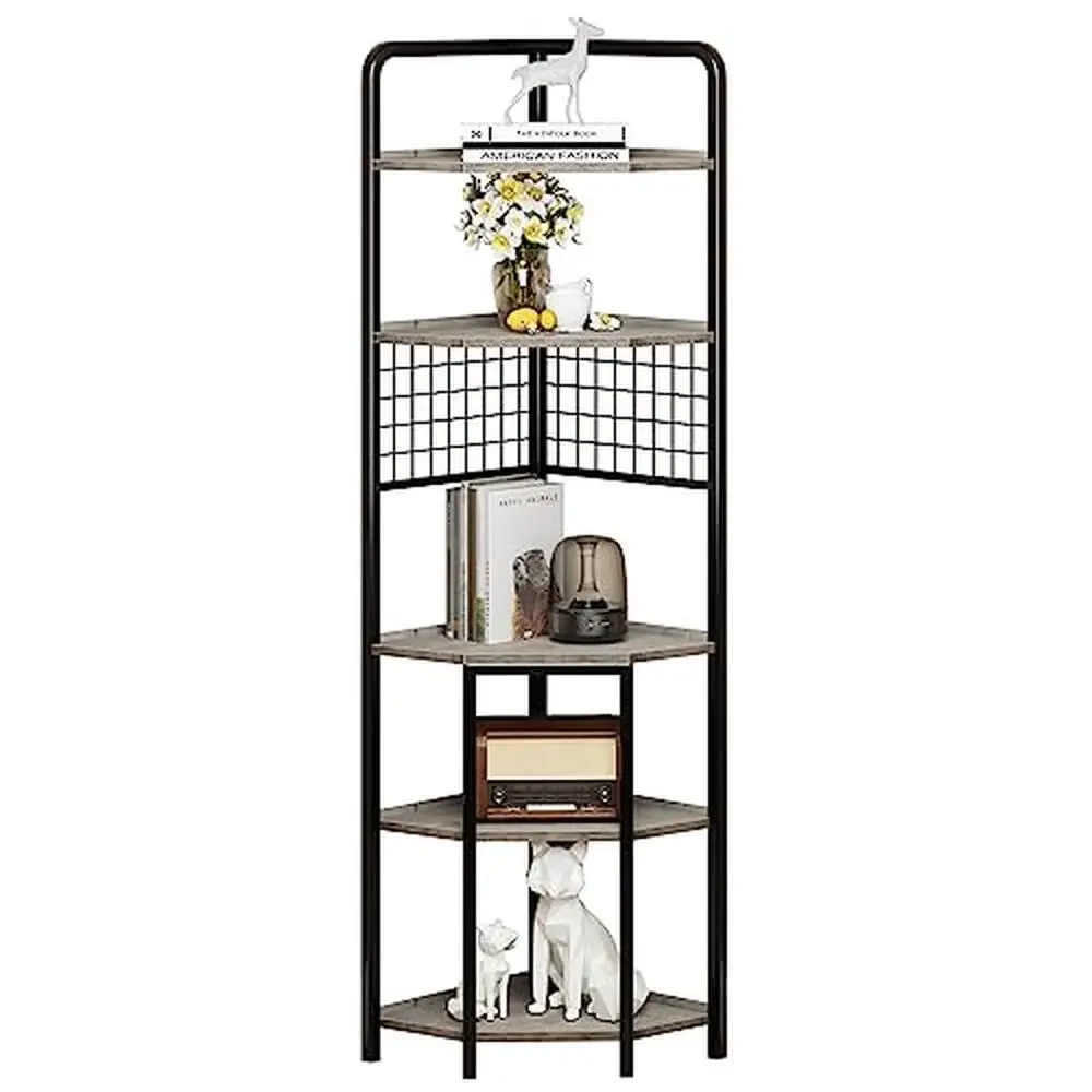 Corner Bookshelf 5 Tier Rustic Farmhouse Shelf Storage Rack Industrial Plant Stand 70.9 Inch Tall Living Room Organizer