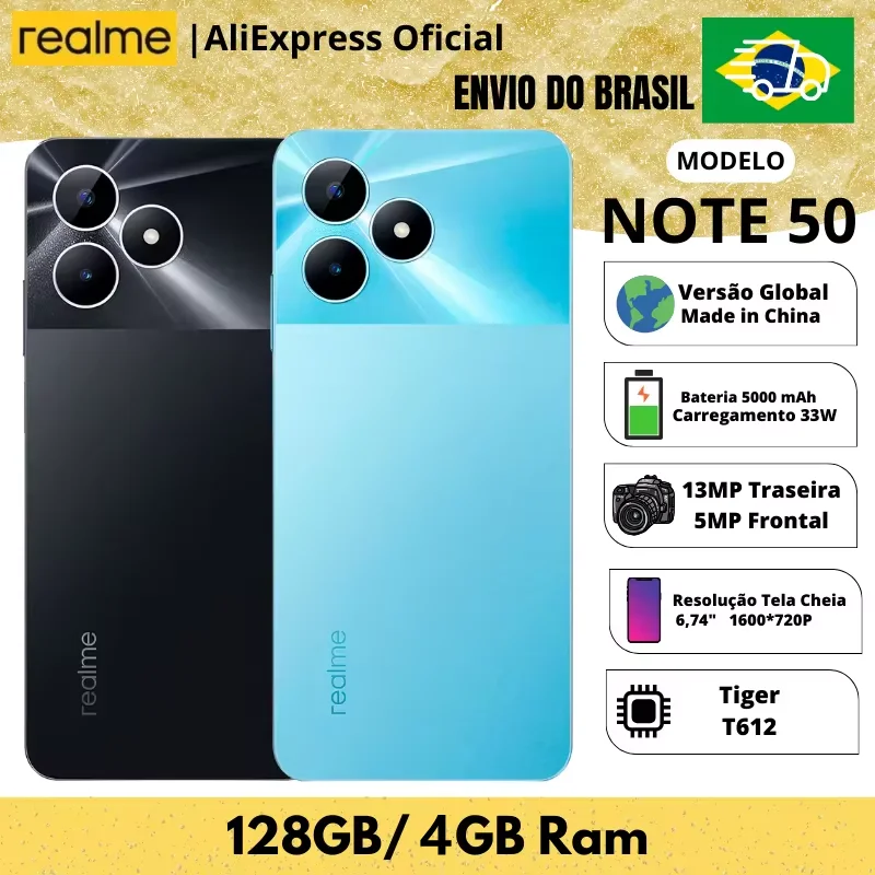 Realme Note 50 128GB ROM / 4GB RAM Mobile Phone | Brazil Shipping | 4G Smartphone, Global ROM, Tiger T612 Processor