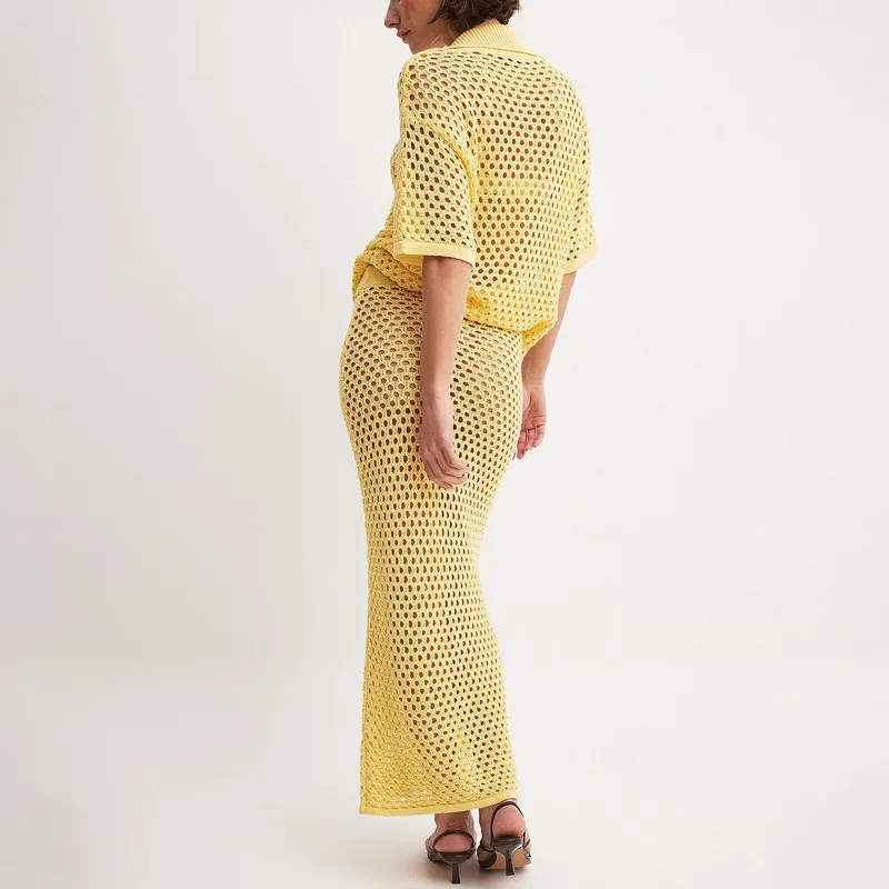 Strandrock-Sets für Damen, lässig, sexy, aushöhlen, einreihig, Tops, hohe Taille, langer Rock, 2025, eleganter Bikini-Vertuschung, zweiteilig