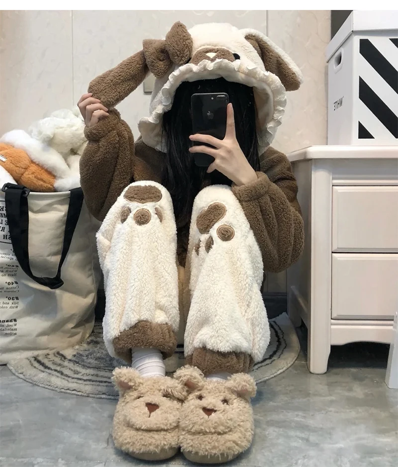 Coral Velvet Pajamas Suit Women 2022 Winter New Thick Plush Home Clothes Suit Female Large Size Hooded Outer Wear Two-piece Set