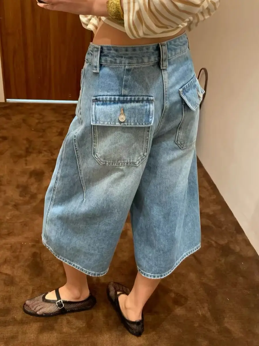 Women's American Vintage Washed Denim Wide Leg Capri Pants High Waist Loose Summer Straight Cropped Jean With Pocket