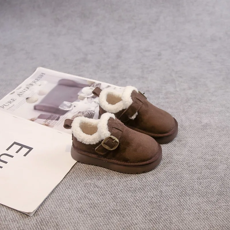 

2025 Winter New Children's Cowhide Snow Boots Warm Plush Round Head Short Boots for Girls Thick Plush Cotton Shoes