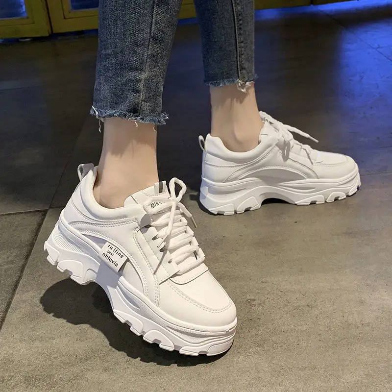 Fashion White Split Leather Women Chunky Sneakers White Shoes Lace Up Tenis Feminino Zapatos De Mujer Platform Women Casual Shoe