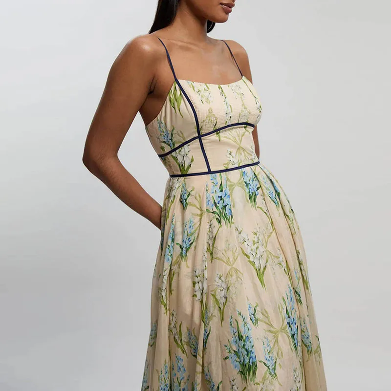 Sommerliches rückenfreies Plissee-Bankettkleid im Vintage-Stil mit Pflanzenmuster, Neckholder-Abendkleid, elegantes ärmelloses Partykleid mit Cut-Outs
