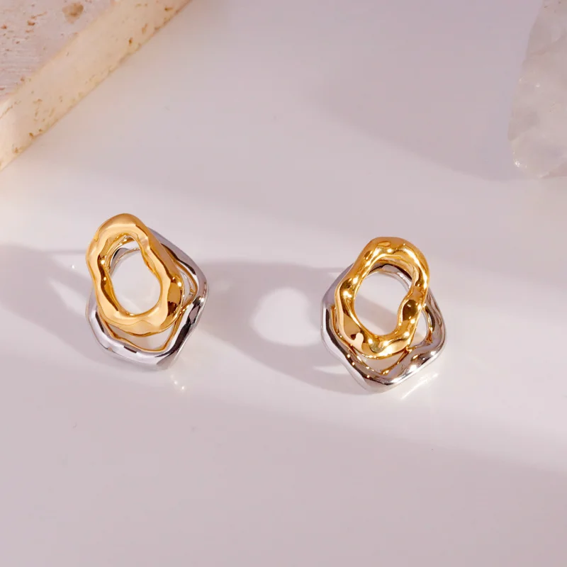 NEW CHARM Geometric Gold Sliver Color Bilayer Stud Earring for Women Irregular Metal Texture Fashion Jewelry Gift