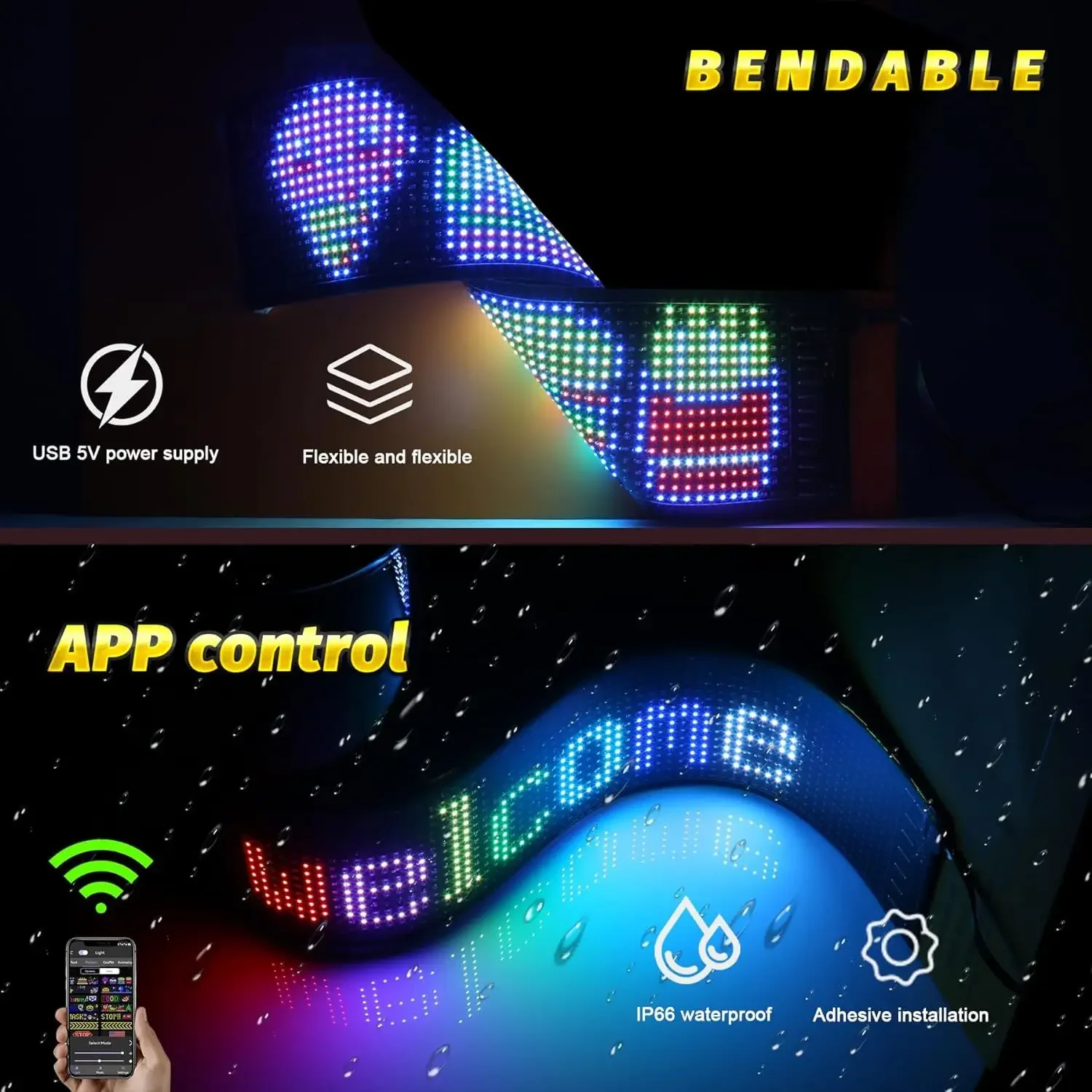 LED Matrix Pixel Panel DIY Pattern Graffiti Scrolling led ring USB 5V Flexible Text Animation Display Car Remote control+APP