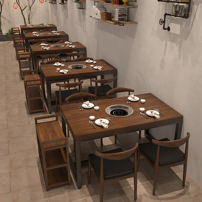 Solid wood hot pot table with induction cooker integrated dining table commercial skewers barbecue shop rectangular table