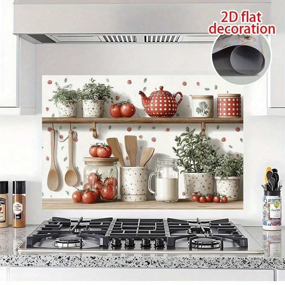 1Pc Self Adhesive Kitchen Wall Sticker Waterproof Teapot Tomato Pattern Farmhouse Style Wall Decal Art Mural for Cafe Restaurant