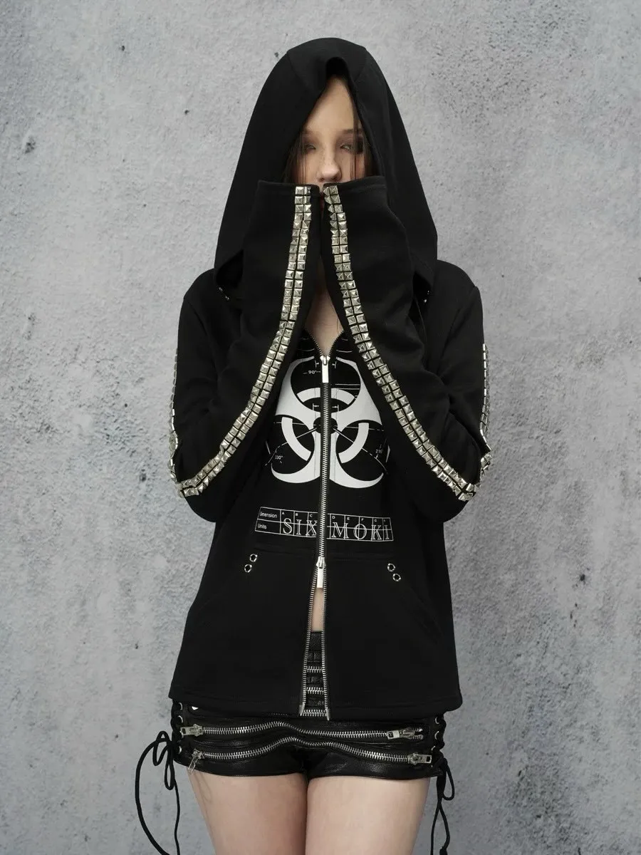 High Street Punk Metal Stud Sleeve Bio Hazard Graphic Dual Pocket Drawstring Zip Oversized Hoodie