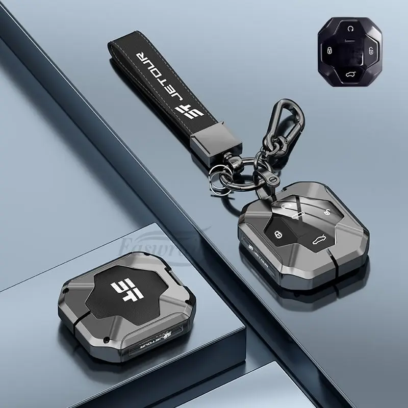 Car Zinc Alloy Leather Key Case For Chery Jetour Traveller 2023 2024 Jetour T2 Key Full Cover Prtective Holder Chain Decorations