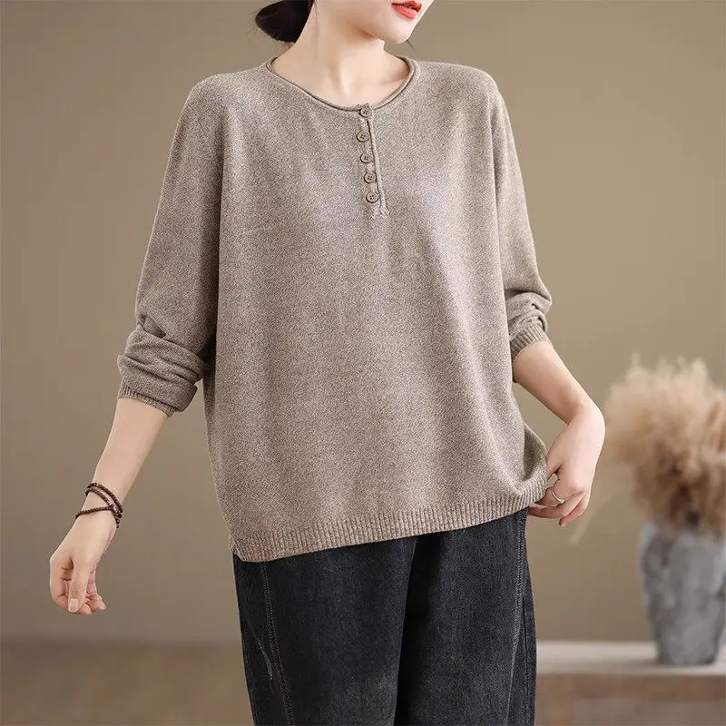 2024 Autumn Winter Simple Round Neck Pullover Knitted T-Shirt Loose Solid Color Long Sleeved Base Top For Women Sweater k2499