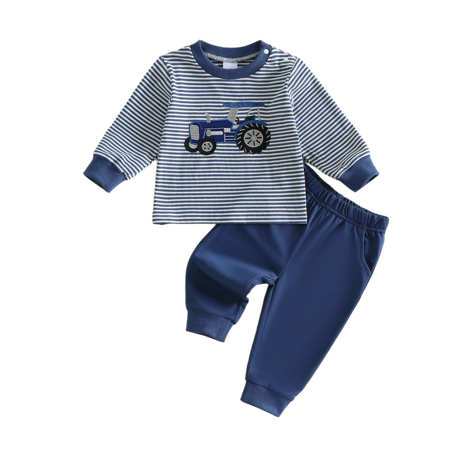 Toddler Boys Fall Outfits Tractor Embroidered Striped Crew Neck Long Sleeve Sweatshirt and Pants 2Pcs Clothes Set