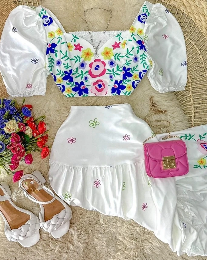 Sexy and Elegant Flower Printed Bubble Sleeve Open Navel Top and Pleated Skirt Set 2024 Summer Casual Women's Two Piece Set