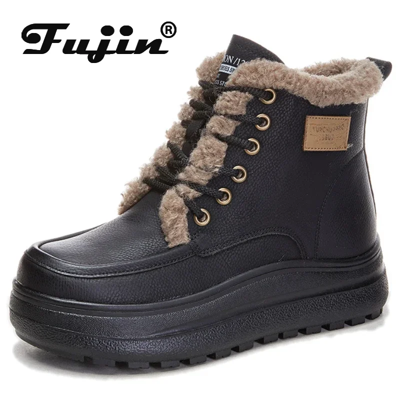 Fujin 4,7 cm Kuh Keil Knöchel Gummi Warme Schuhe Kuh Wildleder Echtes Leder Winter Booties Frühling Winter Plüsch Frauen ZIP warme Herbst