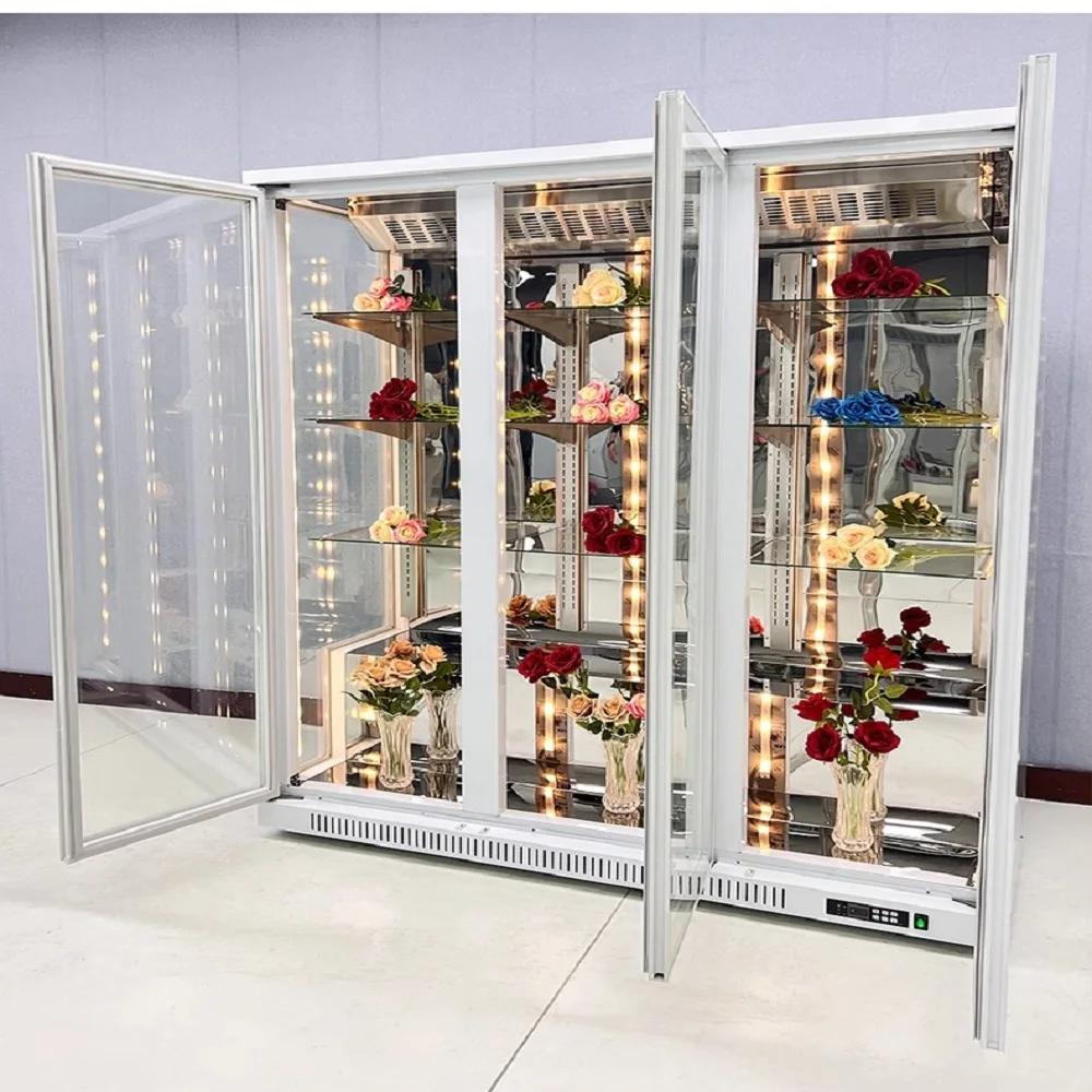 Frost- 2/3-Door Transparent Flower Preserver/Display Fridge for Florist Shop - Drain- Commercial Cabinet