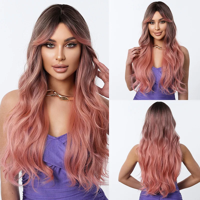 Women's long curly with bangs, gradient pink synthetic fiber wig
