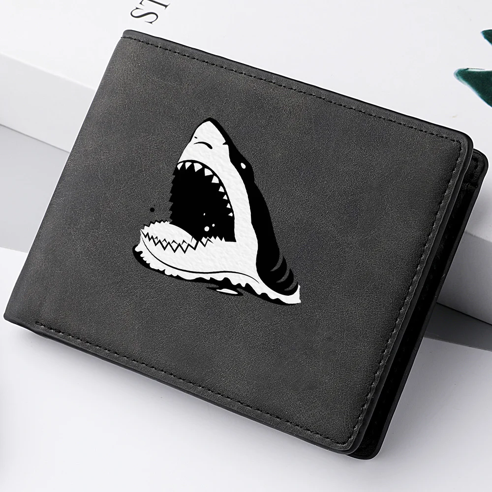 Classic Designer Men's Short Shark Image PU Leather Wallet Ultra-Thin Credit Card Holder Coin Wallet Retro Style
