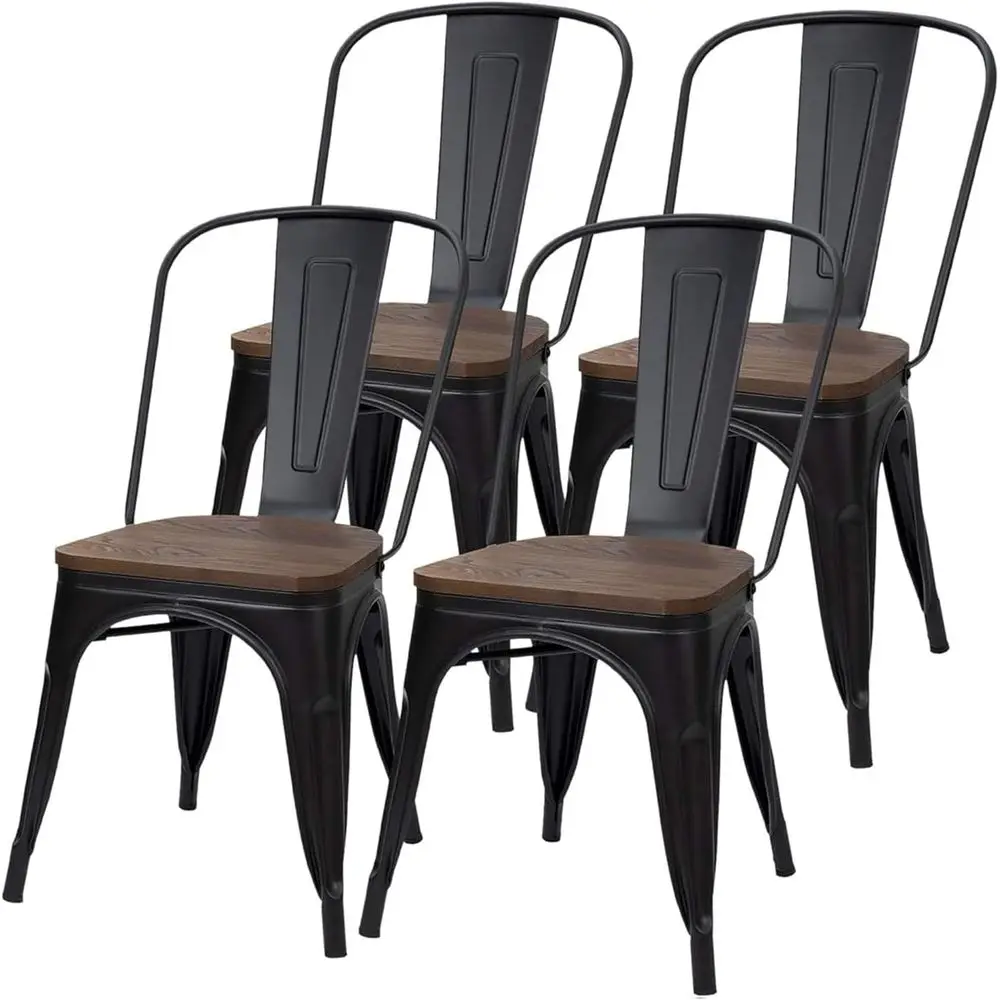 Metal Dining Chair Stackable Industrial Vintage Kitchen Chairs Indoor-Outdoor Bistro Cae Side Chairs with Back and Wooden Seat S