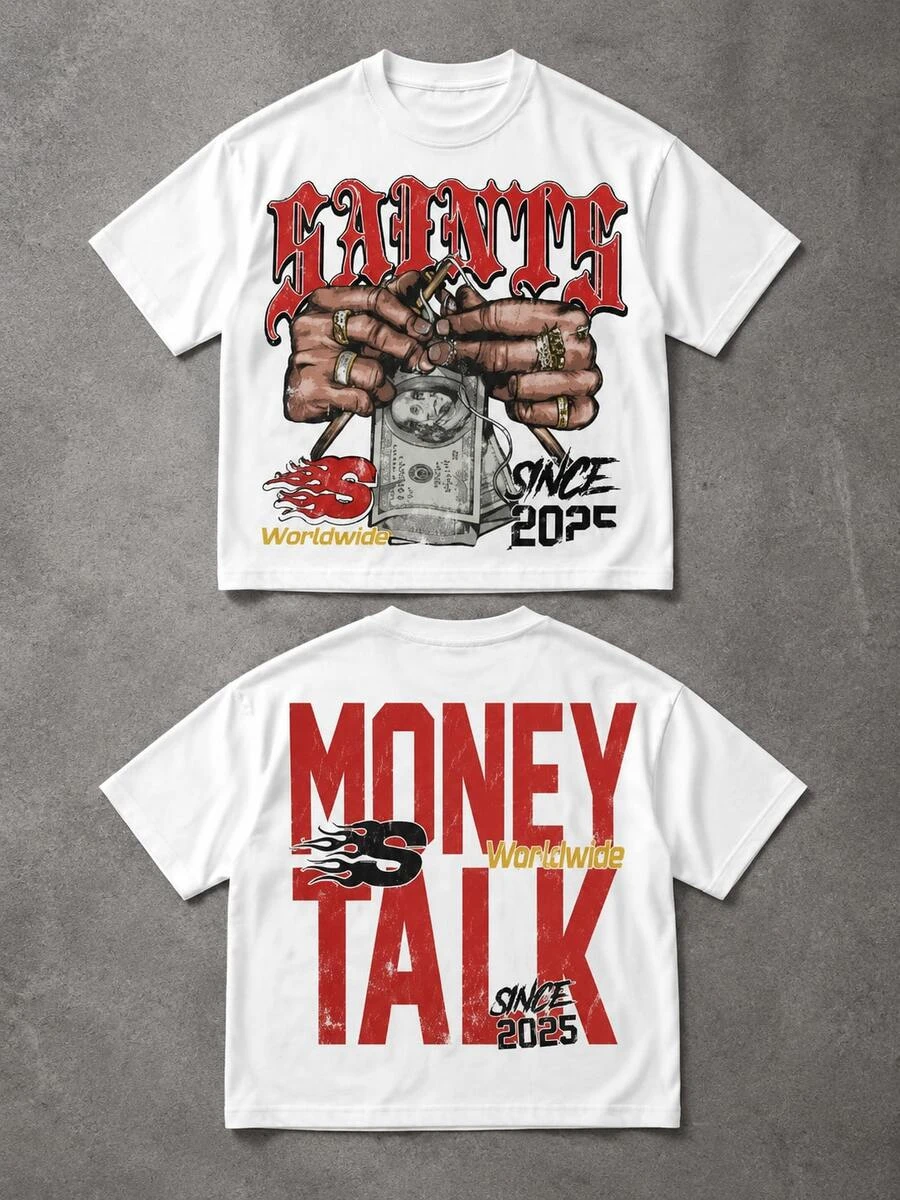 Y2K Saints Money Talk Graphic Tee, Oversized Streetwear T-Shirt, Vintage Hip Hop Dollar Print  Streetwear