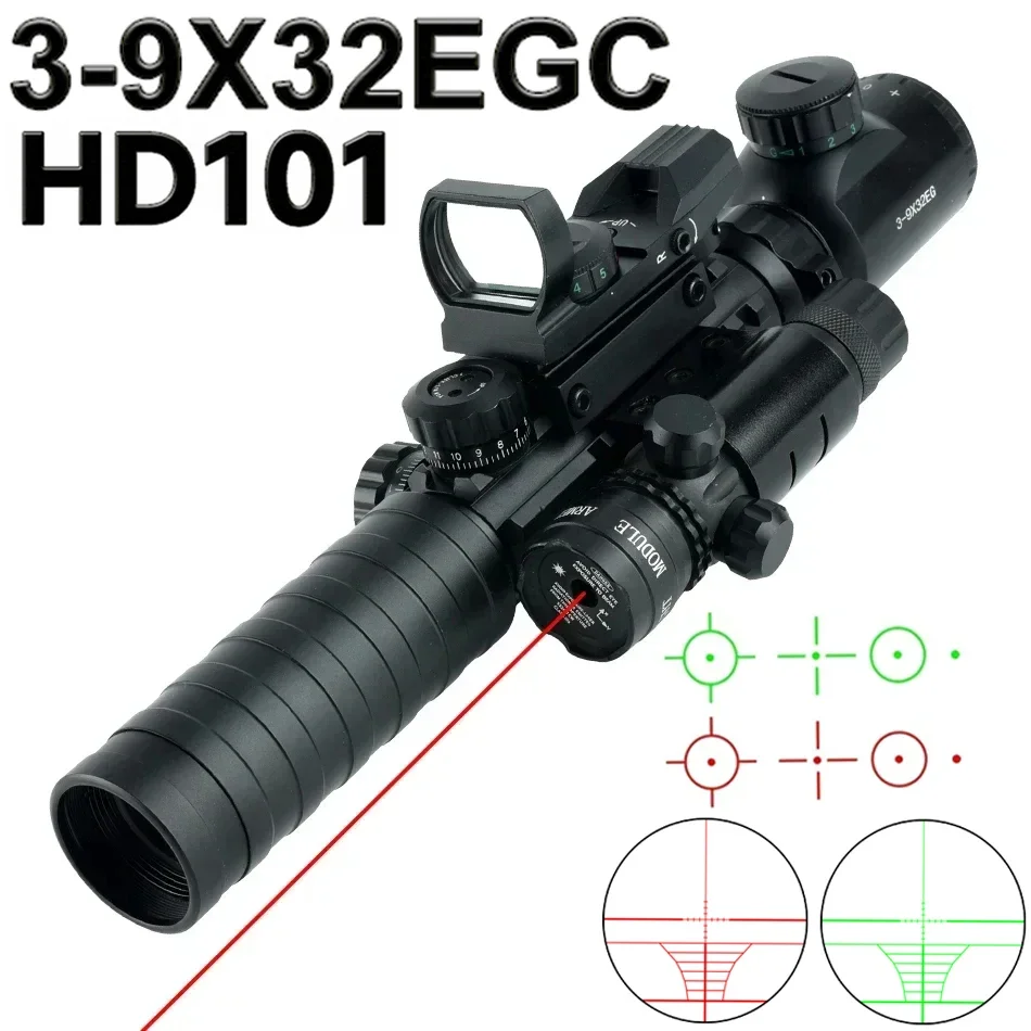 3-9X32EG Tactical Optic Scope Combo Red/Green Laser Illuminated Rifle Scope HD101 4 Reflex Reticle Dot Scope Hunting Accessories