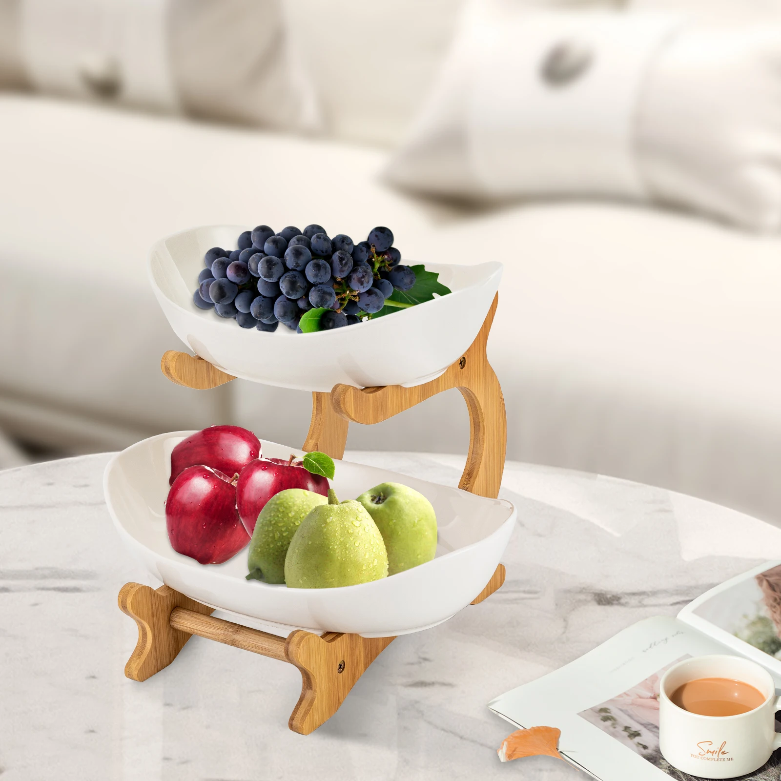 

2 Tier Fruit Basket with 2 Anti-slip Ceramic Fruit Bowls for Putting Fruits Vegetables Cakes Snacks and Any Table Wedding