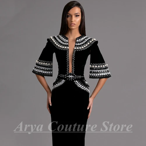 Imagen 2 del producto Encantadores vestidos para madre de la novia con cuentas, media manga, cuello redondo, exquisitos abalorios, sirena, largo hasta el suelo, vestidos personalizados para fiesta