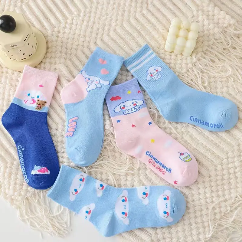 

5 Pairs Of Kawaii Sanrio Cinnamoroll Socks Tong Anime Student Socks Blue Calf Socks Cute Socks Girls Gift