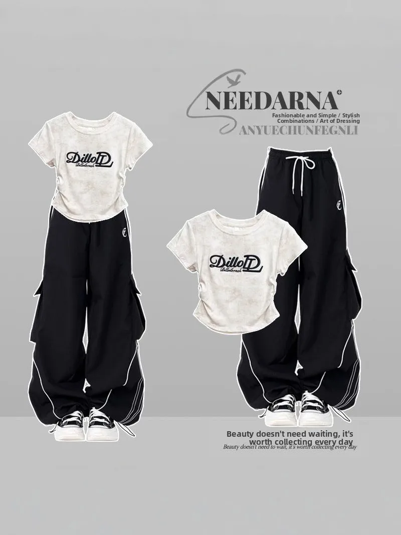 

Sweet Cool Sportswear Set Women Summer Design Folded Svel T-irt A-Line Pants Two-Piece Set Faionable Casual Outfit