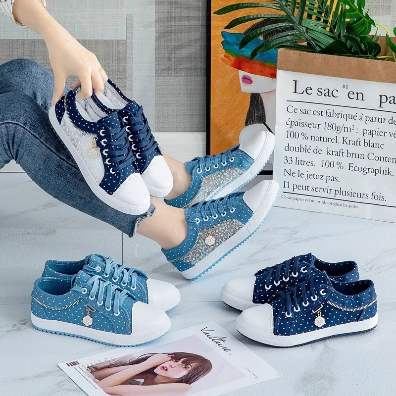 Women\'s Hollow Denim Mesh Shoes Woman Flat Casual Shoes Breathable Cloth Shoes Student кроссовки женские Scarpe Donna